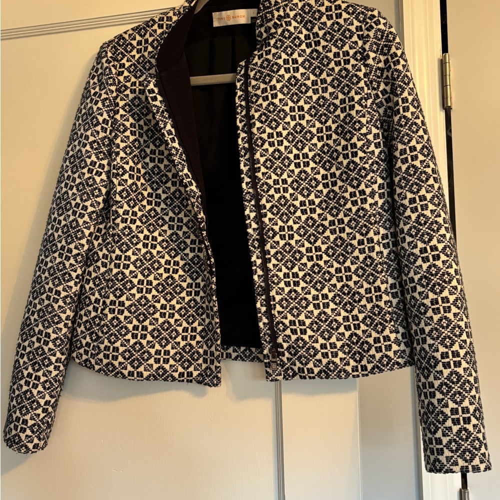 Tory Burch Navy Ivory Geometric Patterned Short Jacket sz 0